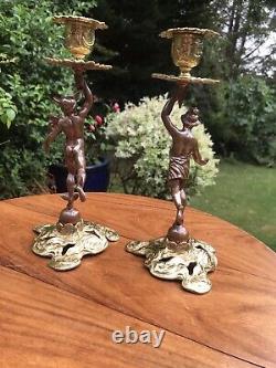 Antique 19th Cen Signed English Bronze gilt Pair Of Figural Candlesticks C1890