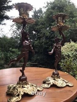 Antique 19th Cen Signed English Bronze gilt Pair Of Figural Candlesticks C1890