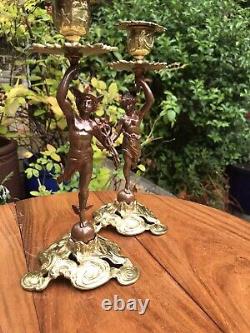 Antique 19th Cen Signed English Bronze gilt Pair Of Figural Candlesticks C1890