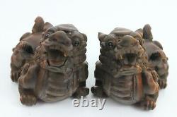 Antique 19th Century Chinese Hand Carved Wooden Pair Baby Fo-Dog 6x5x4cm