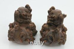 Antique 19th Century Chinese Hand Carved Wooden Pair Baby Fo-Dog 6x5x4cm