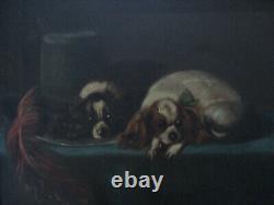 Antique 19th Century Pair Cavalier King Charles Spaniel Dog Oil Painting Signed