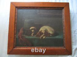 Antique 19th Century Pair Cavalier King Charles Spaniel Dog Oil Painting Signed