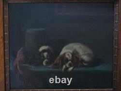 Antique 19th Century Pair Cavalier King Charles Spaniel Dog Oil Painting Signed