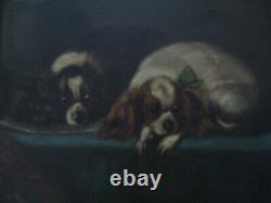 Antique 19th Century Pair Cavalier King Charles Spaniel Dog Oil Painting Signed