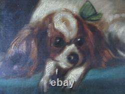 Antique 19th Century Pair Cavalier King Charles Spaniel Dog Oil Painting Signed