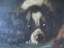 Antique 19th Century Pair Cavalier King Charles Spaniel Dog Oil Painting Signed