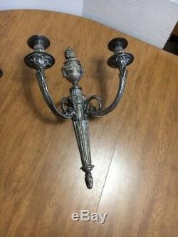 Antique 19th Century Pair Wall Sconces Silver Plate 2 Arm Candle Holders Signed