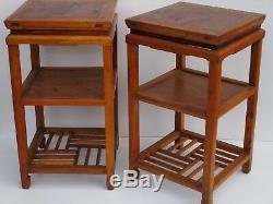 Antique 19th Century Side Table Pair Chinese Japan Bat Wing Wood Carving Signed