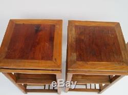 Antique 19th Century Side Table Pair Chinese Japan Bat Wing Wood Carving Signed