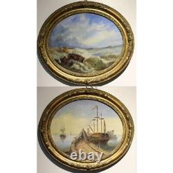 Antique 19th France Rare Original Marine Oil canvas Pair Painting signed WG