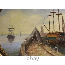 Antique 19th France Rare Original Marine Oil canvas Pair Painting signed WG