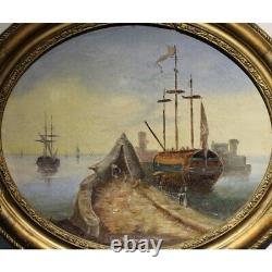 Antique 19th France Rare Original Marine Oil canvas Pair Painting signed WG