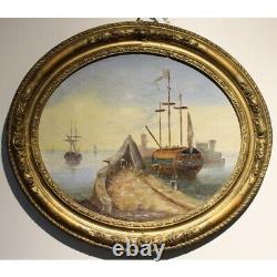 Antique 19th France Rare Original Marine Oil canvas Pair Painting signed WG