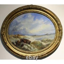 Antique 19th France Rare Original Marine Oil canvas Pair Painting signed WG