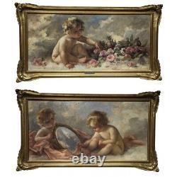 Antique 19th French Pair of Cherubs paintings On Canvas signed P. FRANC LAMY