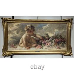 Antique 19th French Pair of Cherubs paintings On Canvas signed P. FRANC LAMY