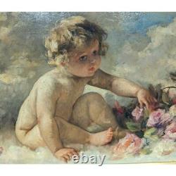 Antique 19th French Pair of Cherubs paintings On Canvas signed P. FRANC LAMY