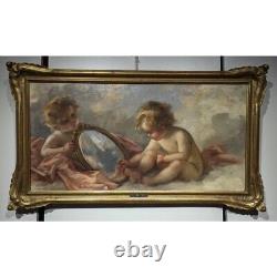 Antique 19th French Pair of Cherubs paintings On Canvas signed P. FRANC LAMY