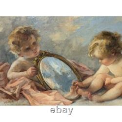 Antique 19th French Pair of Cherubs paintings On Canvas signed P. FRANC LAMY