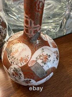 Antique 19thC Japanese Kutani-ware Porcelain Pair Of Rare 8 Bud Vases- Signed