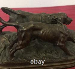Antique Alfred Dubucand Bronze Hunting Pointer Dog Pair Statue Sculpture Signed