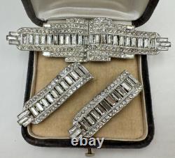 Antique Art Deco Bart Signed Set Brooch 2 Dress Clips Pair Belt Buckle Baguettes