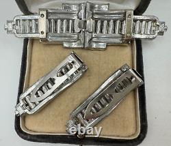 Antique Art Deco Bart Signed Set Brooch 2 Dress Clips Pair Belt Buckle Baguettes