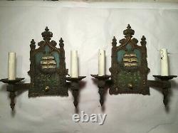 Antique Art Nouveau Double Arm Wall Scones Nautical Theme Signed Lowry Elect Co