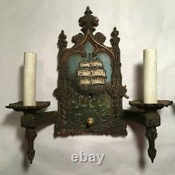 Antique Art Nouveau Double Arm Wall Scones Nautical Theme Signed Lowry Elect Co