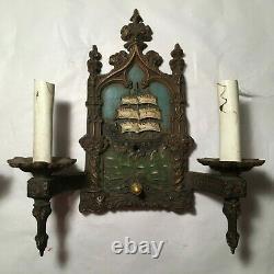 Antique Art Nouveau Double Arm Wall Scones Nautical Theme Signed Lowry Elect Co