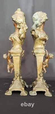 Antique Art Nouveau French Women Cupids Pair Bronze Spelter Figurines Signed