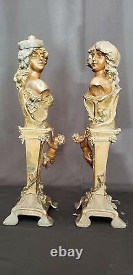 Antique Art Nouveau French Women Cupids Pair Bronze Spelter Figurines Signed