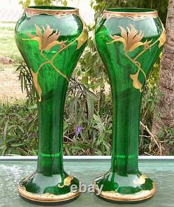 Antique Art Pair Glass Vase Signed Fritz Heckert C. 1890 Bohemian Loetz Era