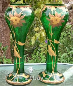 Antique Art Pair Glass Vase Signed Fritz Heckert C. 1890 Bohemian Loetz Era