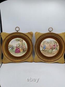 Antique Art Signed Porcelain/Wood Pair Of French Wall Plaque Rococo Style