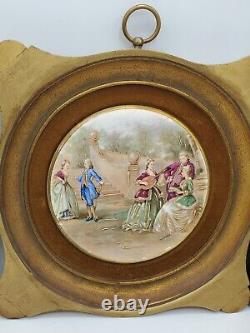 Antique Art Signed Porcelain/Wood Pair Of French Wall Plaque Rococo Style