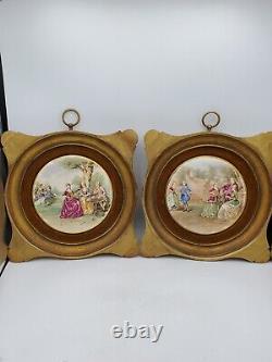 Antique Art Signed Porcelain/Wood Pair Of French Wall Plaque Rococo Style