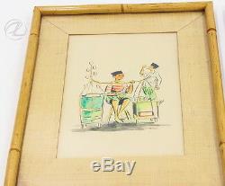Antique Art Watercolor Oriental PAIR Asian Vintage Original Signed Hoisin Frame