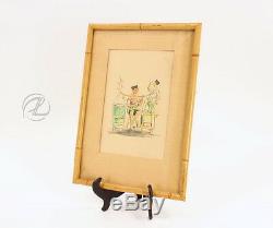 Antique Art Watercolor Oriental PAIR Asian Vintage Original Signed Hoisin Frame