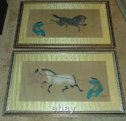 Antique Asian Art Pair signed seal Chinese paintings on silk