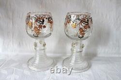 Antique Bohemian Fritz Heckert gold enameled pair of Roemers c 1880, signed