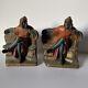 Antique Bookend Pair Sculpture Painting Vintage Metal Statue Signed Old Art