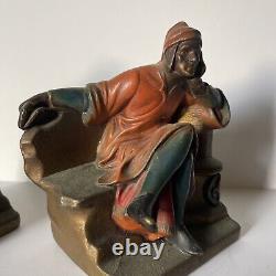 Antique Bookend Pair Sculpture Painting Vintage Metal Statue Signed Old Art