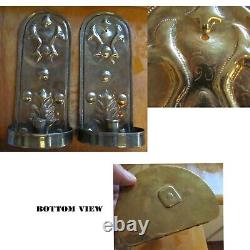 Antique Brass Candle Wall Sconces Repousse Signed 1890