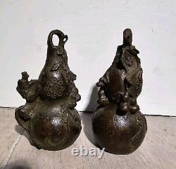 Antique Bronze Signed Pair Kylin Scholars Scroll weight Oriental Dragon