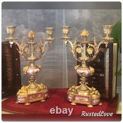 Antique Candelabras Bronze French Louis XV Style Pink Porcelain SIGNED Pair