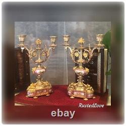 Antique Candelabras Bronze French Louis XV Style Pink Porcelain SIGNED Pair