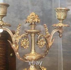 Antique Candelabras Bronze French Louis XV Style Pink Porcelain SIGNED Pair