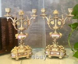 Antique Candelabras Bronze French Louis XV Style Pink Porcelain SIGNED Pair